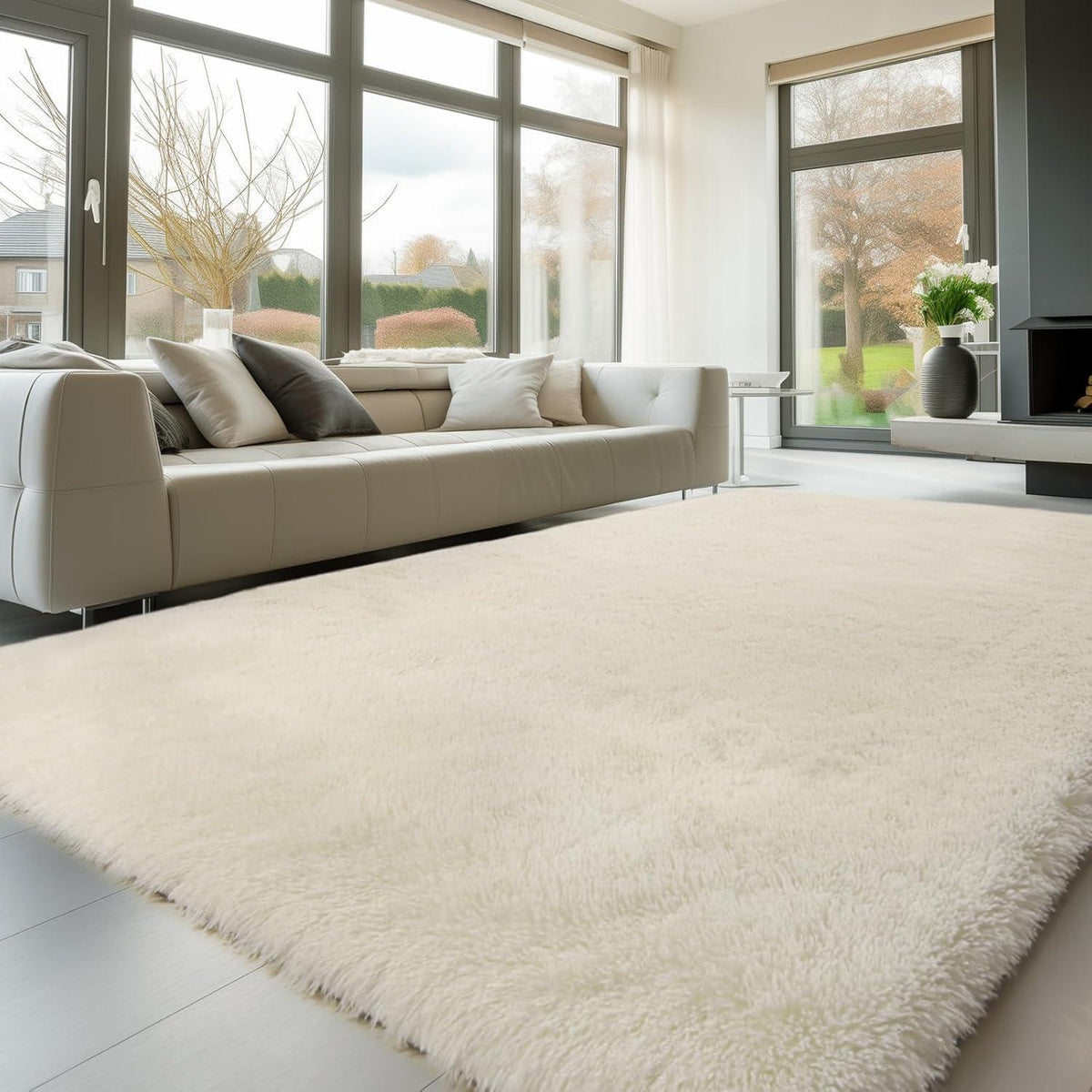 Hochflor Teppich Creme 160x230 – Flauschiger Wohnzimmerteppich