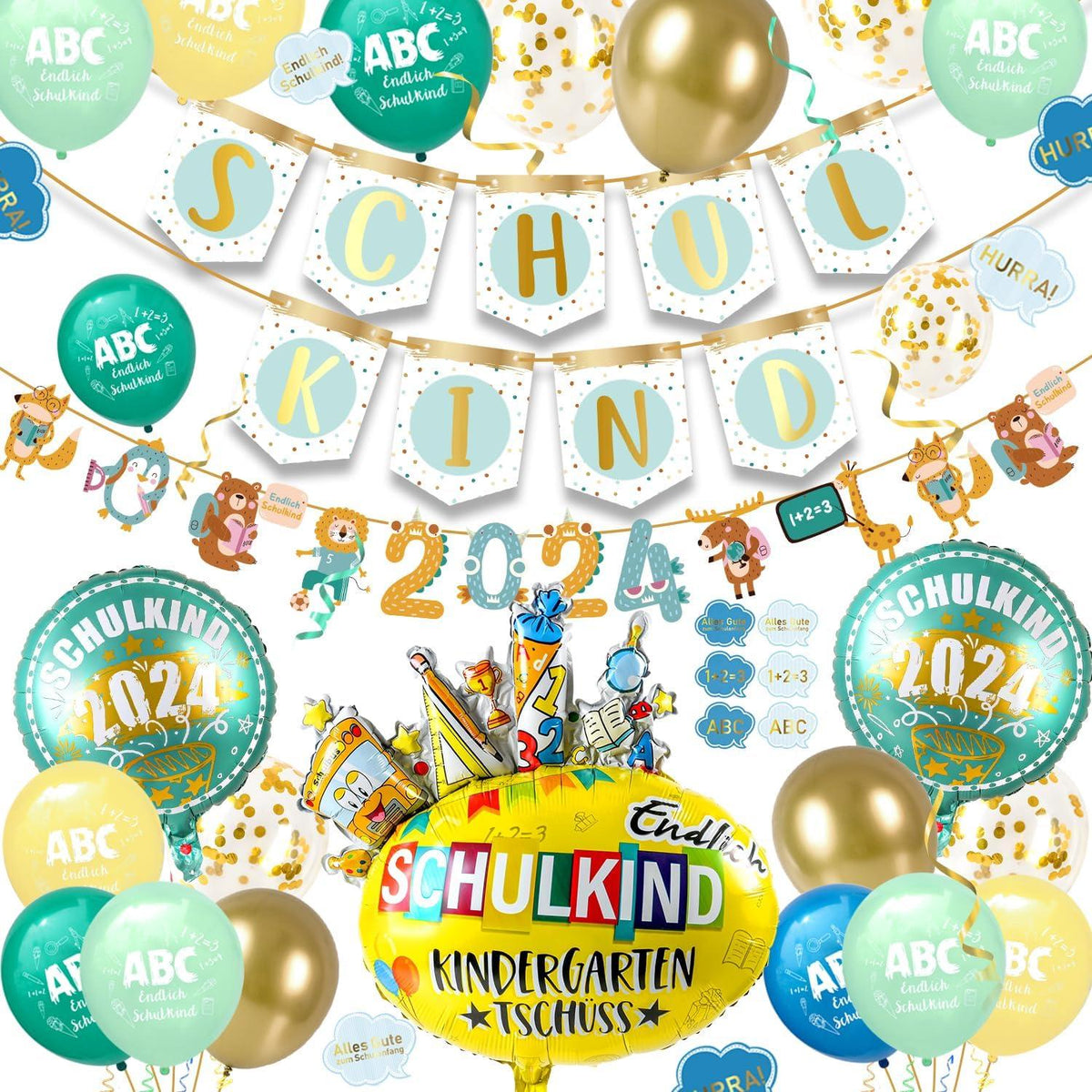 Einschulung Deko Set 2024 Schulkind Girlande Luftballon Konfetti