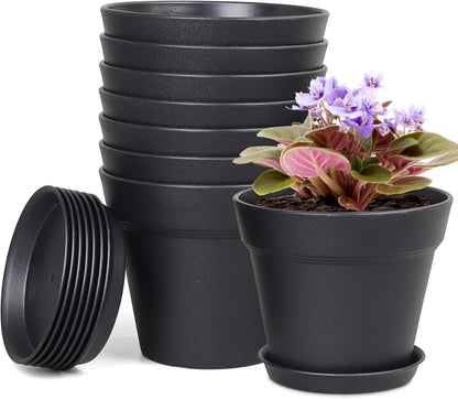 8er Set Blumentopf mit Untersetzer 10cm Schwarz Hydrokultur Topf