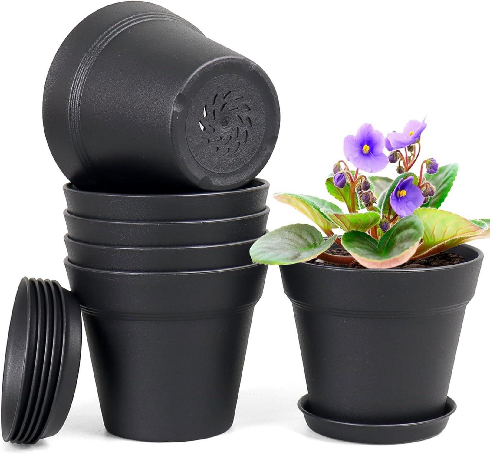 Blumentopf Set 6er Pack 17.8cm Plastik Schwarz mit Untersetzer