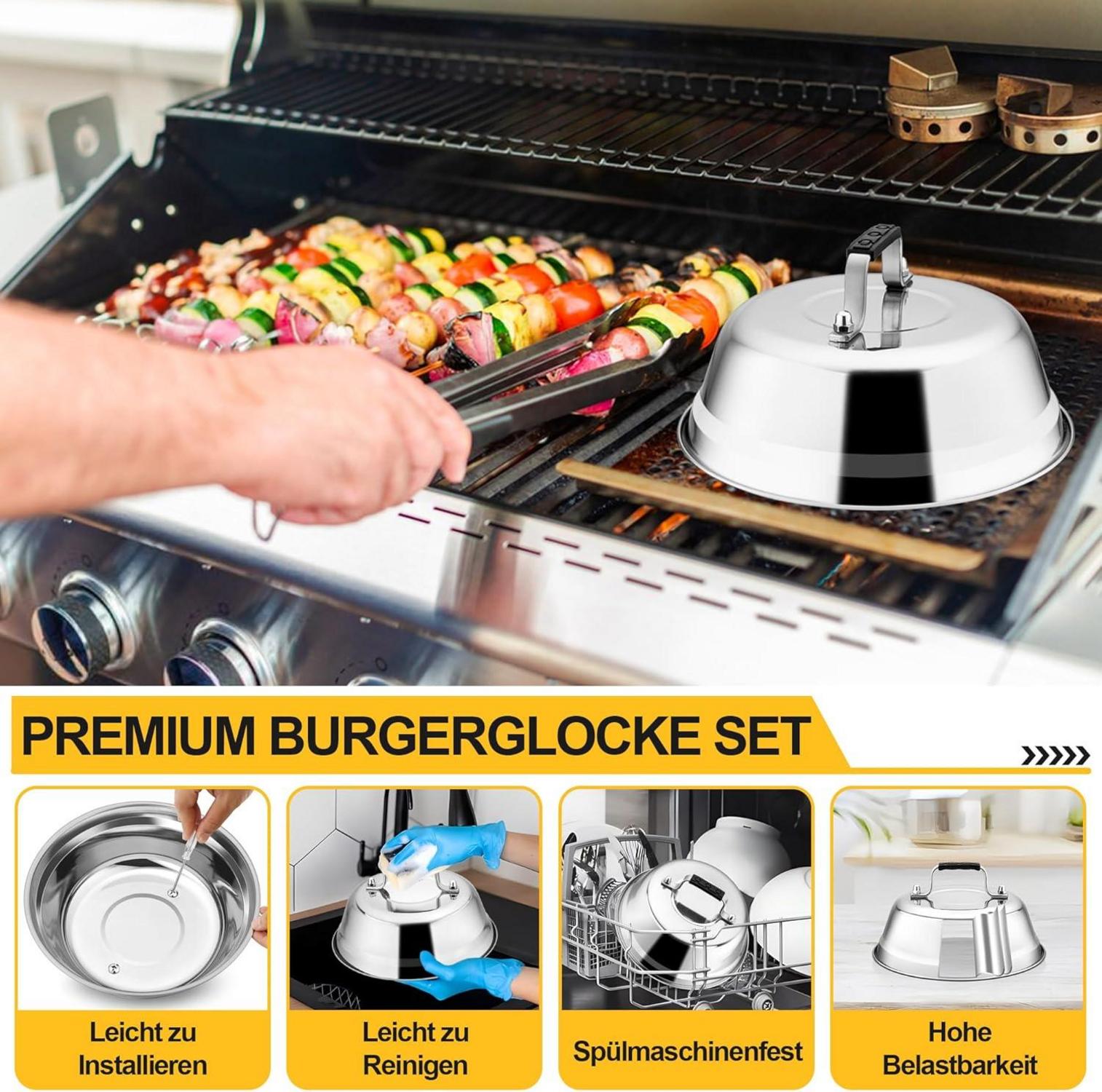Edelstahl Burgerglocke 3er Set mit Gummigriff, Schmelzglocke für Grill & Steak