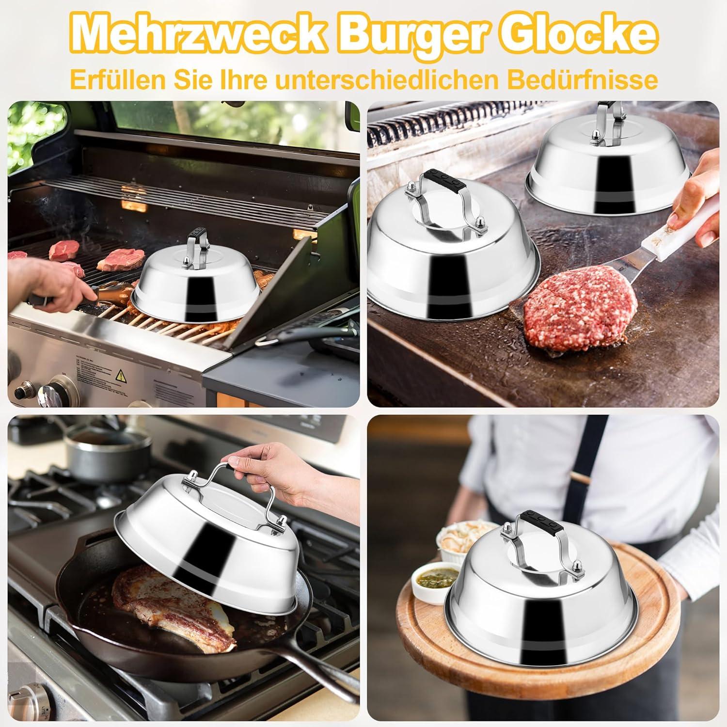 Edelstahl Burgerglocke 3er Set mit Gummigriff, Schmelzglocke für Grill & Steak