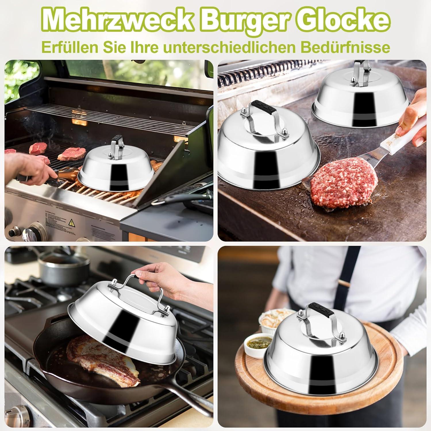 Edelstahl Burgerglocke 4er Set mit Gummigriff für Grill & Steak 16,8 x 6 cm