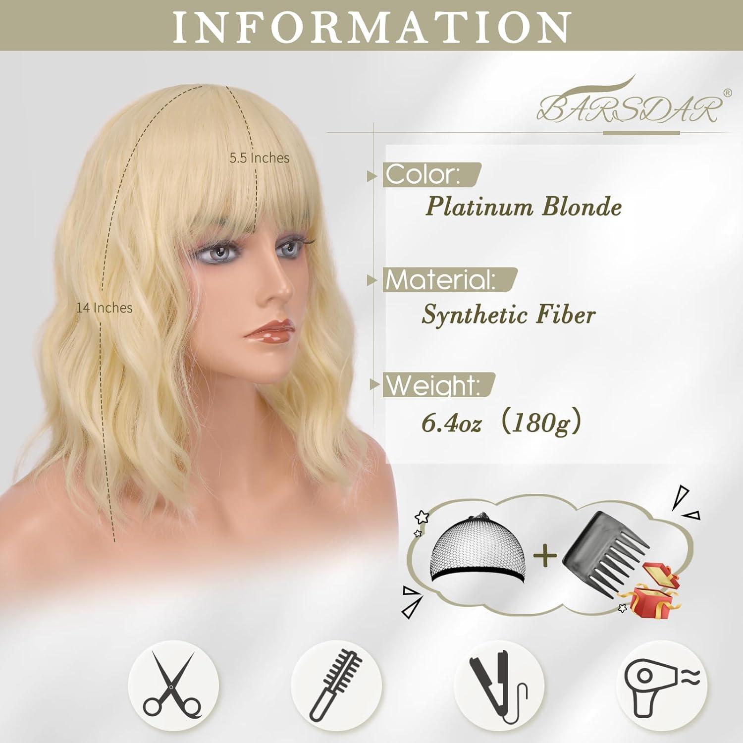 Kurze Gewellte Bob Perücke mit Pony 35cm Platin Blond