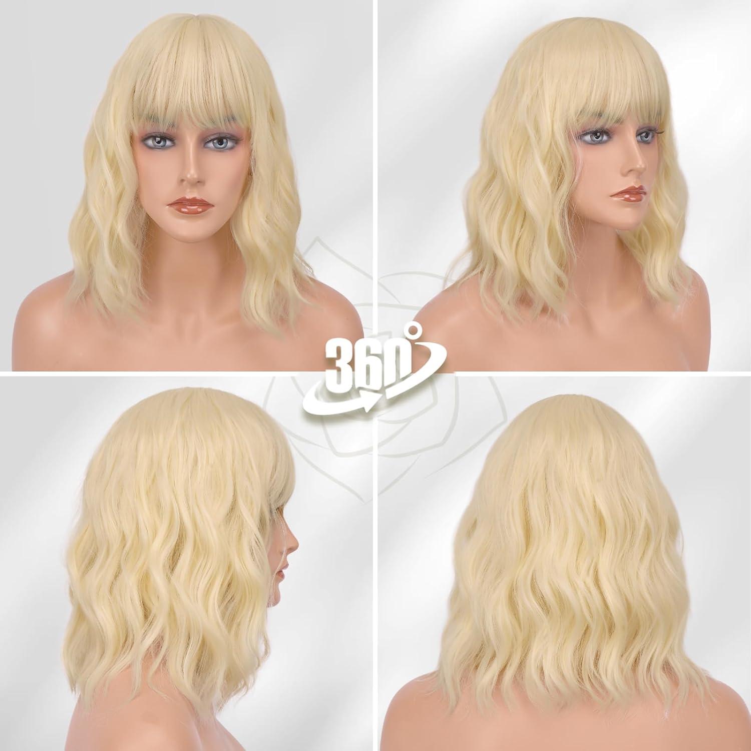 Kurze Gewellte Bob Perücke 35cm Platin Blond Synthetisch Schulterlänge Wig Party