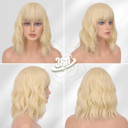 Kurze Gewellte Bob Perücke 35cm Platin Blond Synthetisch Schulterlänge Wig Party