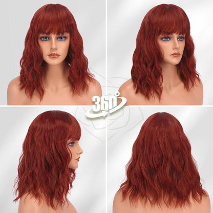 Kupferrote Kurze Gewellte Bob Perücke mit Pony - Synthetisch 35cm