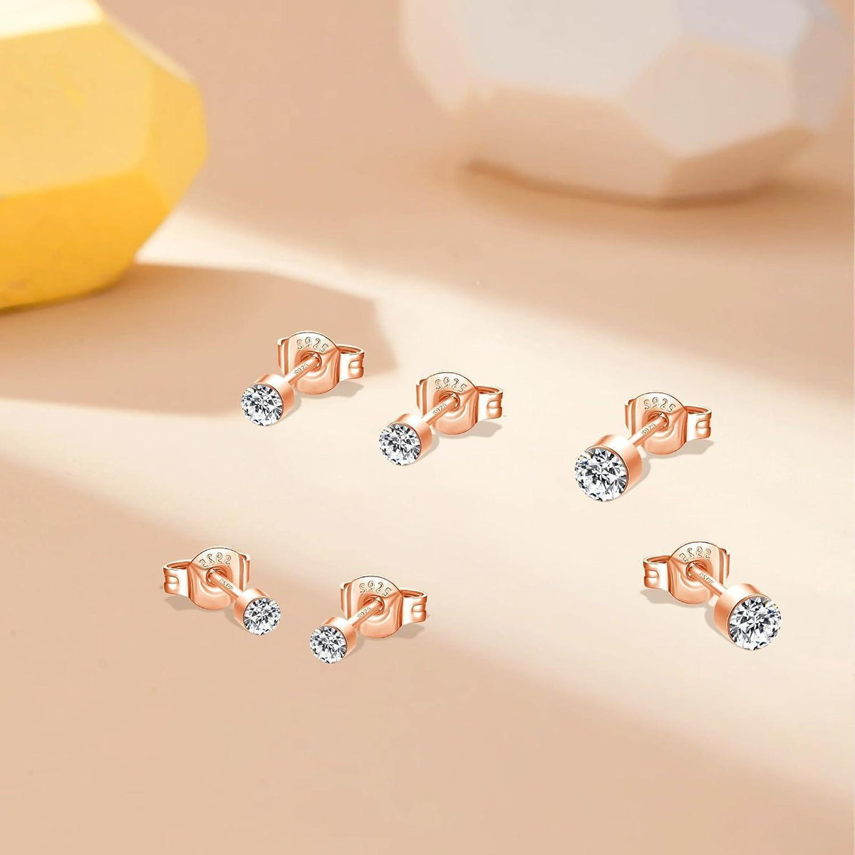 925 Sterling Silber Ohrstecker Set, Rosegold Zirkonia, 2-4mm