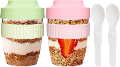 Müslibecher to Go mit Löffel 570ml 2er Set Kinder Rosa + Grün