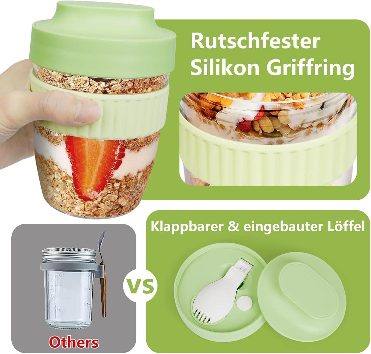 Müslibecher to Go mit Löffel 570ml 2er Set Kinder Rosa + Grün