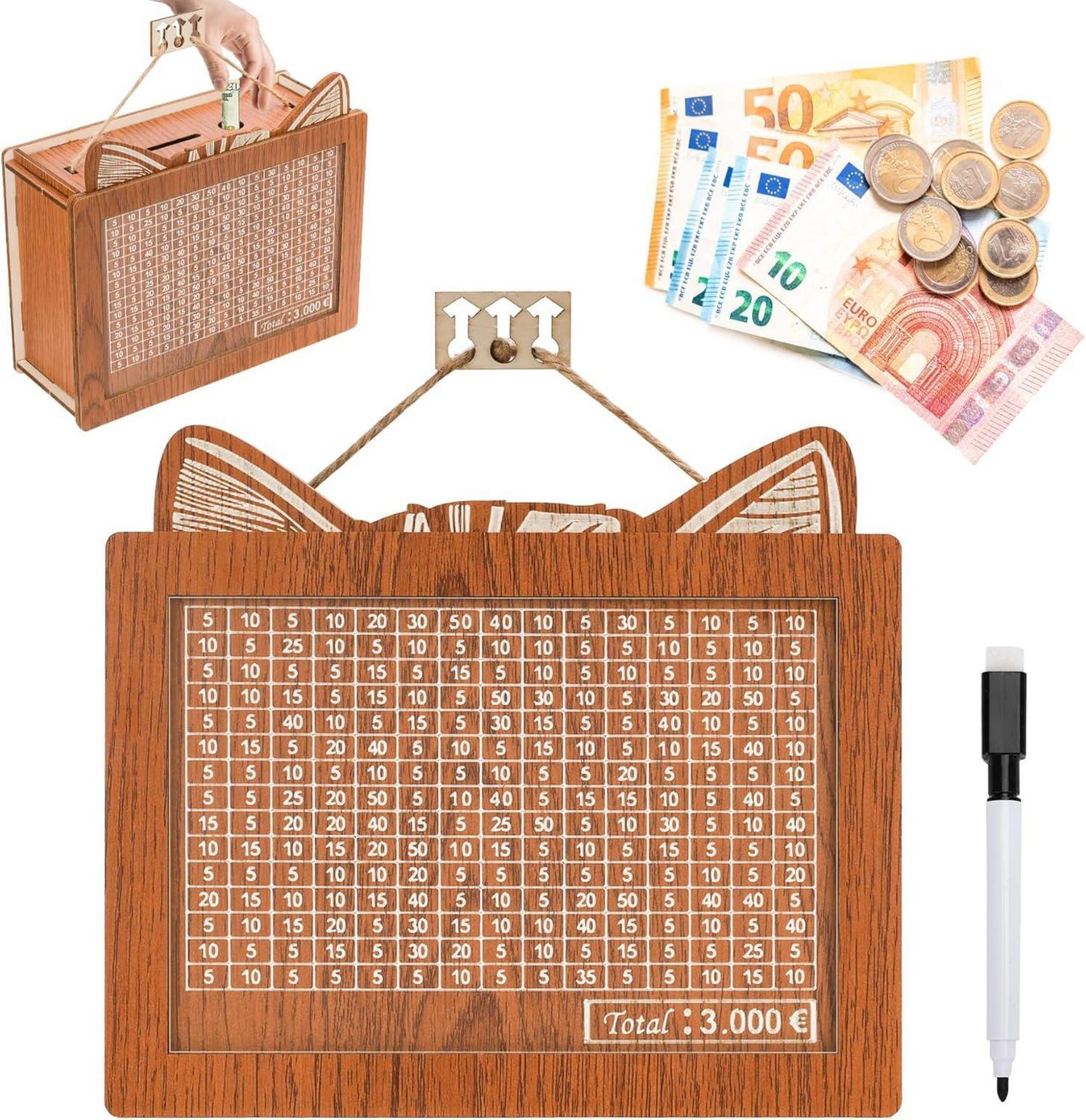 Spardose Holz Sparbox Zahlen Ankreuzen Sparziel Acrylplatte Kinder