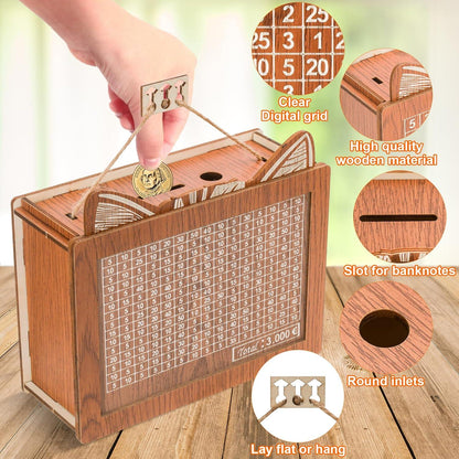 Holz Spardose Sparbox mit Zahlen ankreuzen Acrylplatte Geldbox