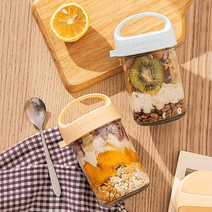 Glas Joghurt to Go Becher 430ml mit Löffel, Overnight Oats Einmachgläser