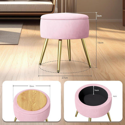 Runder rosa Samt-Hocker mit Stauraum und Metallstütze