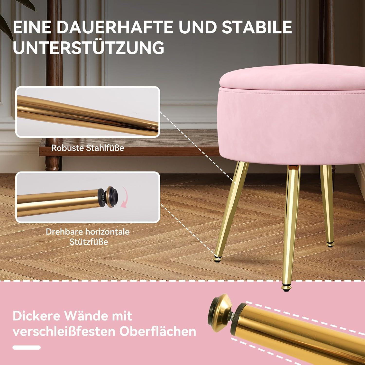 Rosa Samt Hocker mit Stauraum und goldenen Beinen
