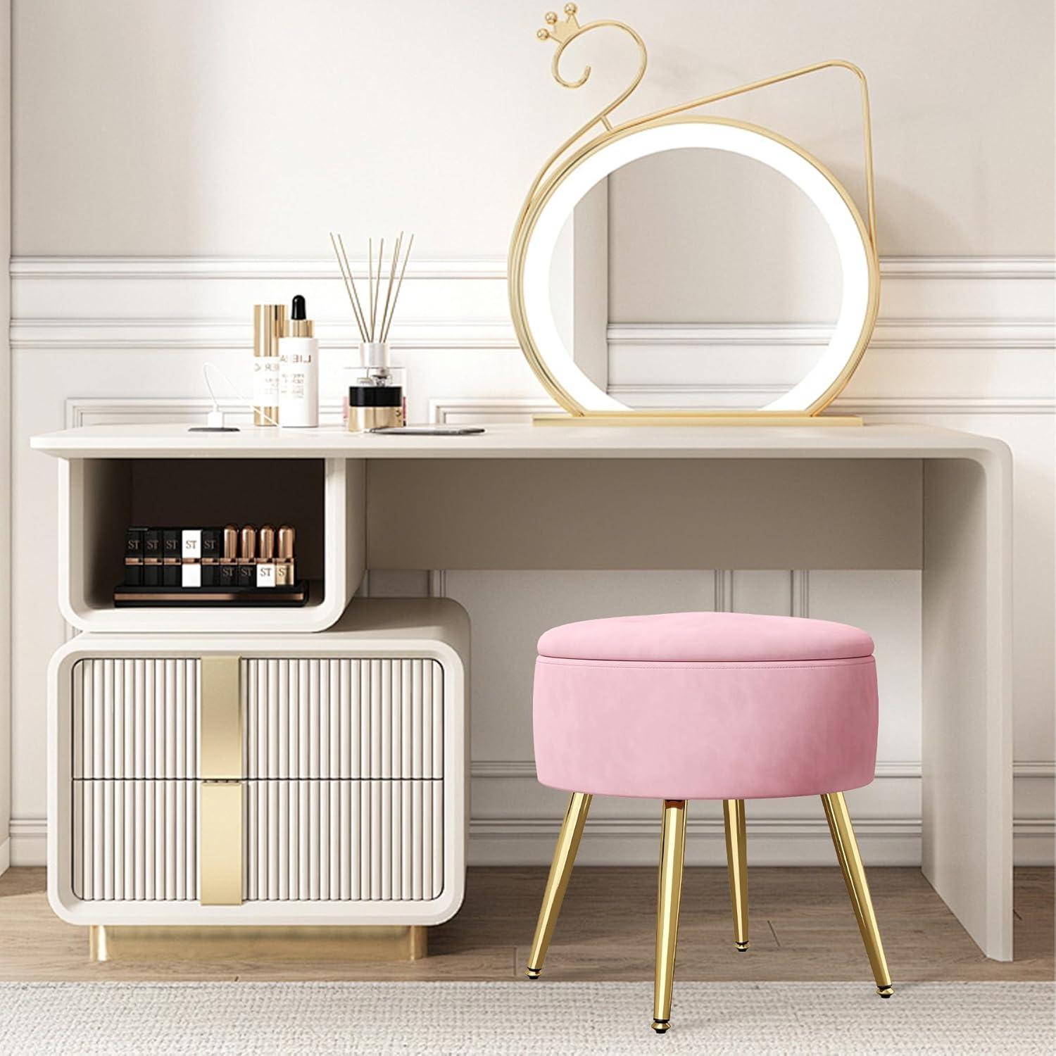 Rosa Samt Hocker mit Stauraum und goldenen Beinen