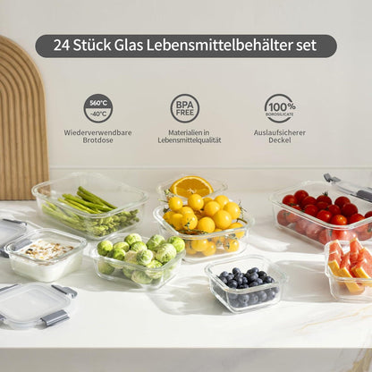 GENICOOK 24-teiliges Glas Frischhaltedosen Set mit Deckel für Lebensmittel