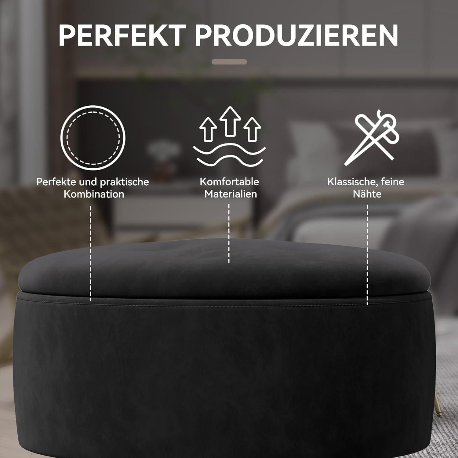 Runder Samt-Hocker mit Stauraum Schwarz Goldene Metallbeine