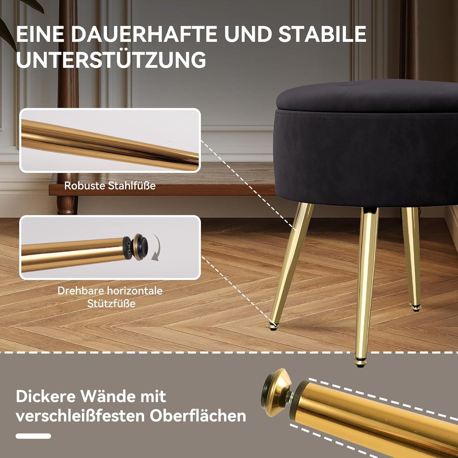 Runder Hocker mit Stauraum Samtbezug Schwarz Goldene Beine 10L