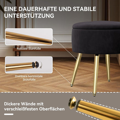 Runder Hocker mit Stauraum Samtbezug Schwarz Goldene Beine 10L