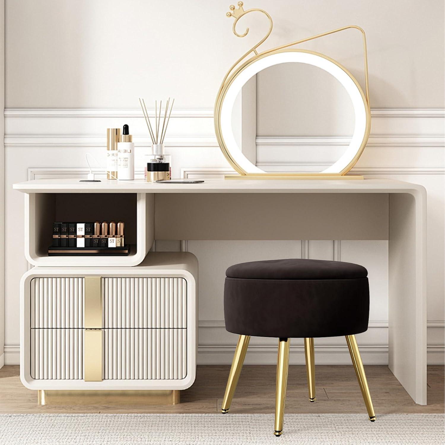 Runder Hocker mit Stauraum Samtbezug Schwarz Goldene Beine 10L