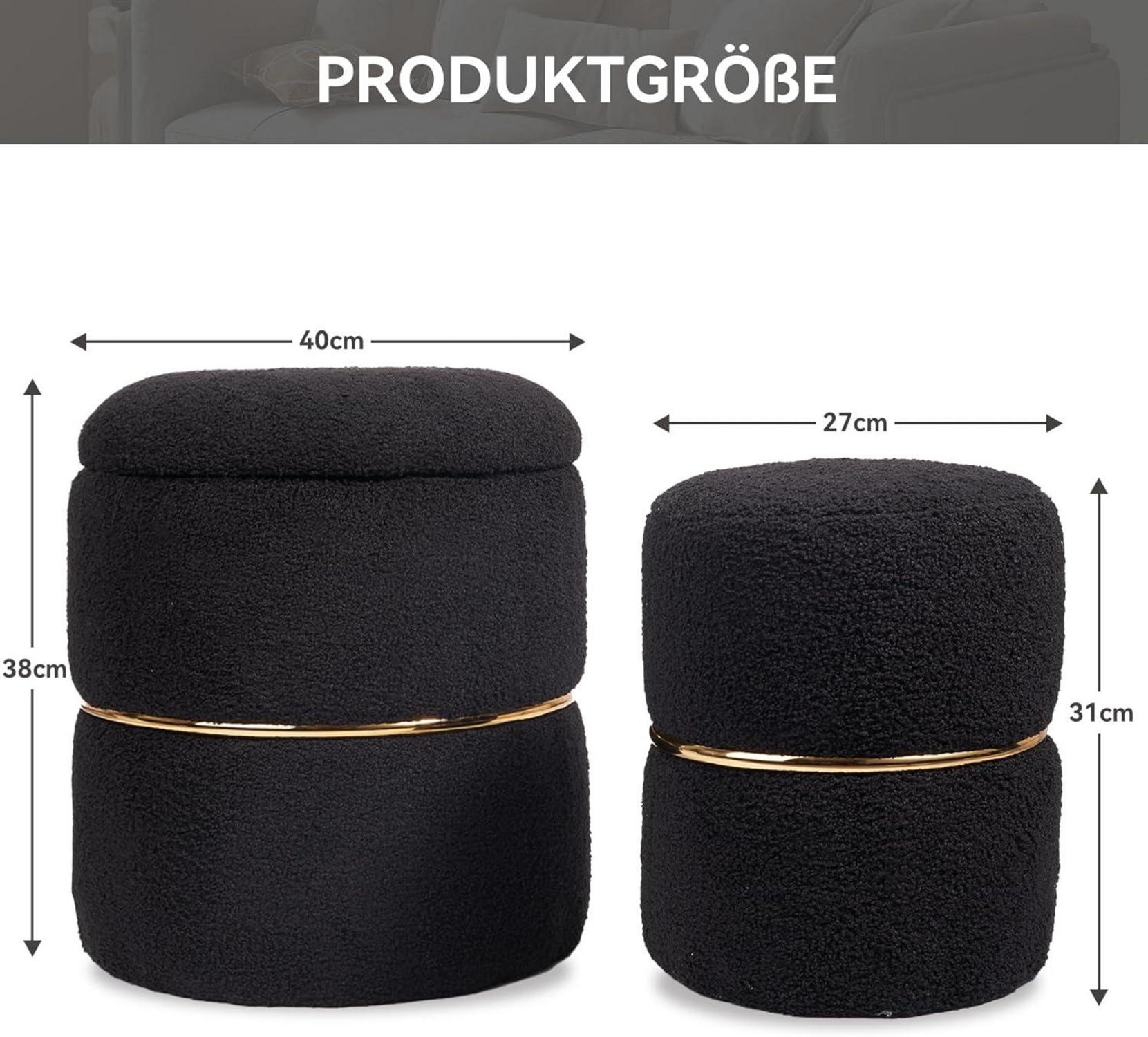 Runder Samt Hocker mit Stauraum Schwarz - 2er-Set