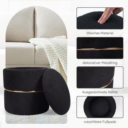 Samt Hocker Set Schwarz Rund Stauraum Pouf 2er-Set Wohn Schlafzimmer