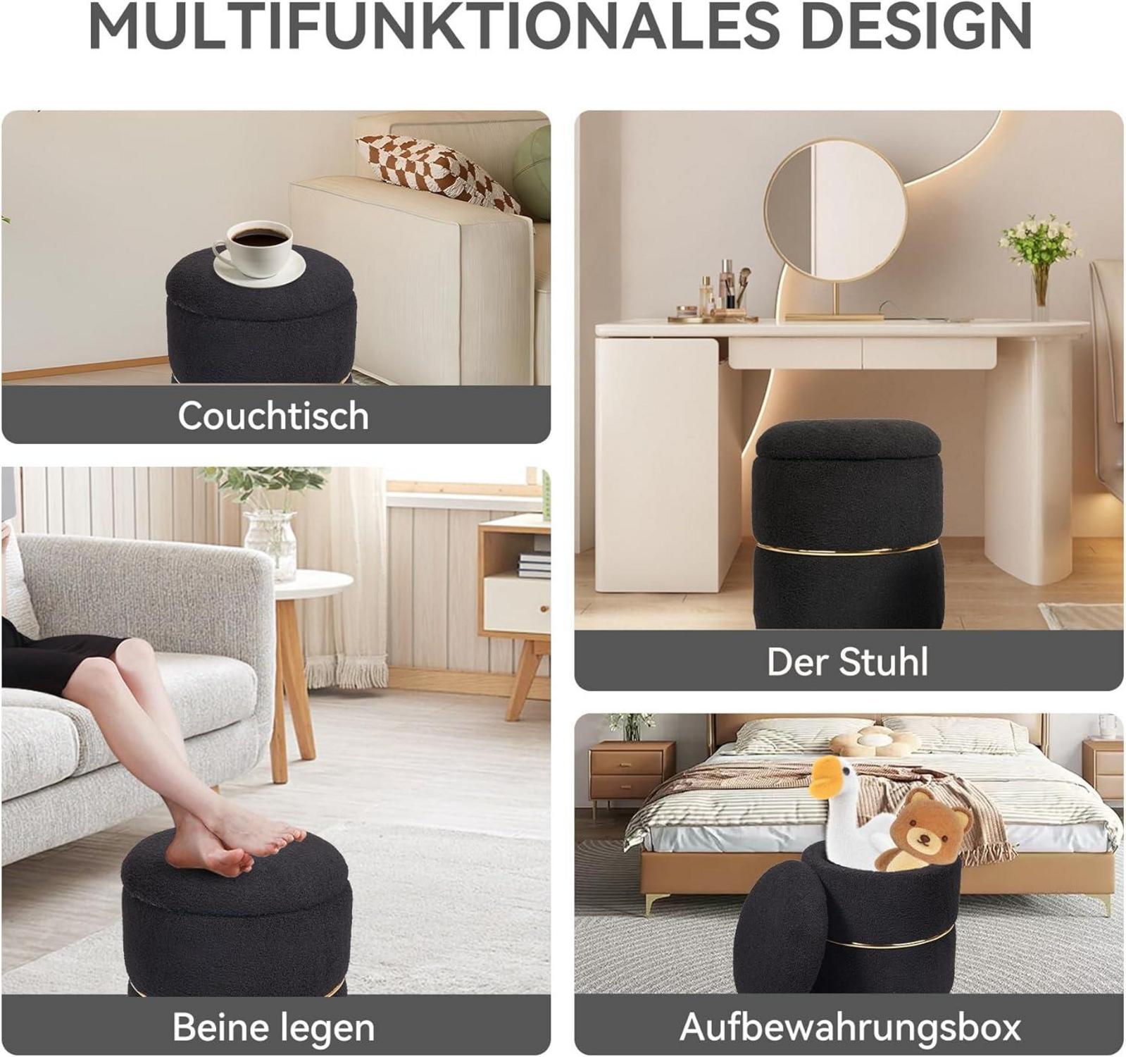 Runder Schminktisch Hocker Samt Schwarz Stauraum Pouf für Wohn- und