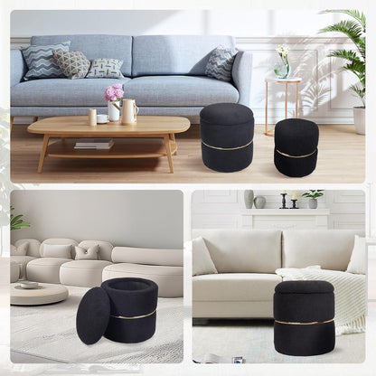 Samt Hocker Set Schwarz Rund Stauraum Pouf 2er-Set Wohn Schlafzimmer