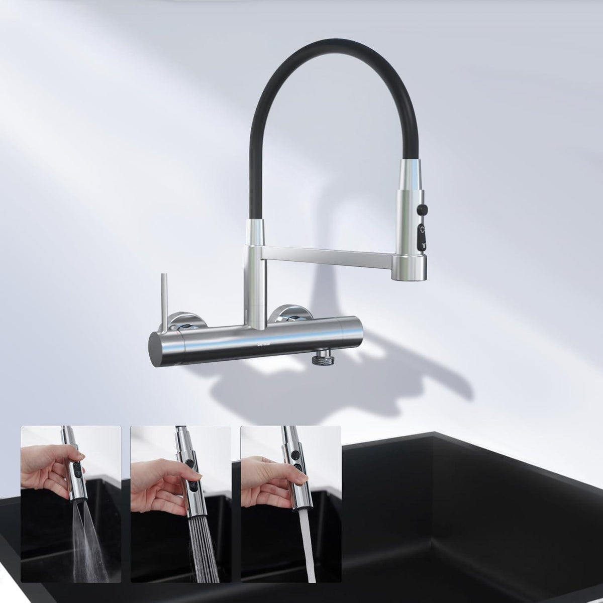 Wandarmatur Küche Edelstahl 3 Strahlarten & 3/4" Anschluss