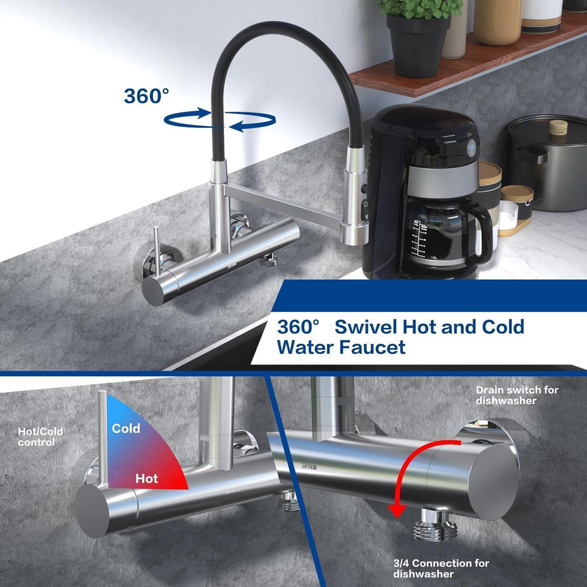 Wandarmatur Küche Edelstahl 3 Strahlarten & 3/4" Anschluss