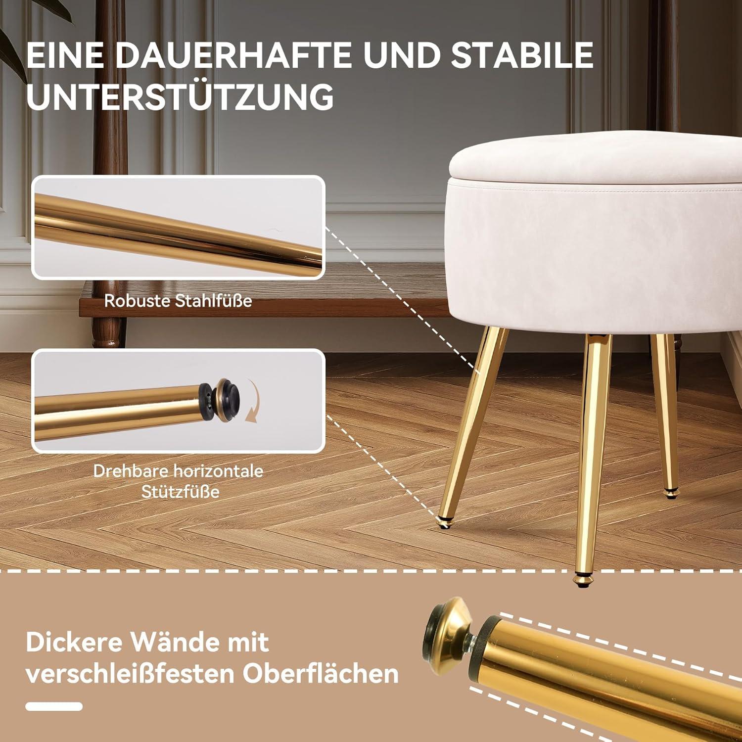 Rosa Samthocker mit Stauraum und Metallbeinen, Runder Sitzhocker