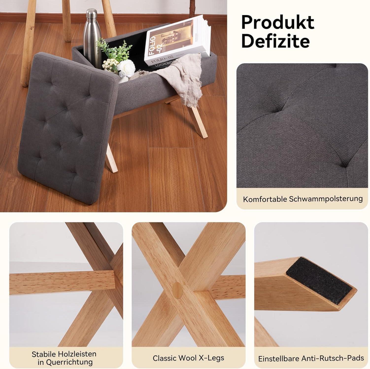 Fußhocker mit Stauraum & X-Design, Samtbezug, 50,8 cm breit, Grau