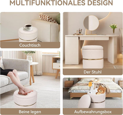 2er-Set Schminktisch Hocker Samt Weiß rund Stauraum Pouf Wohn