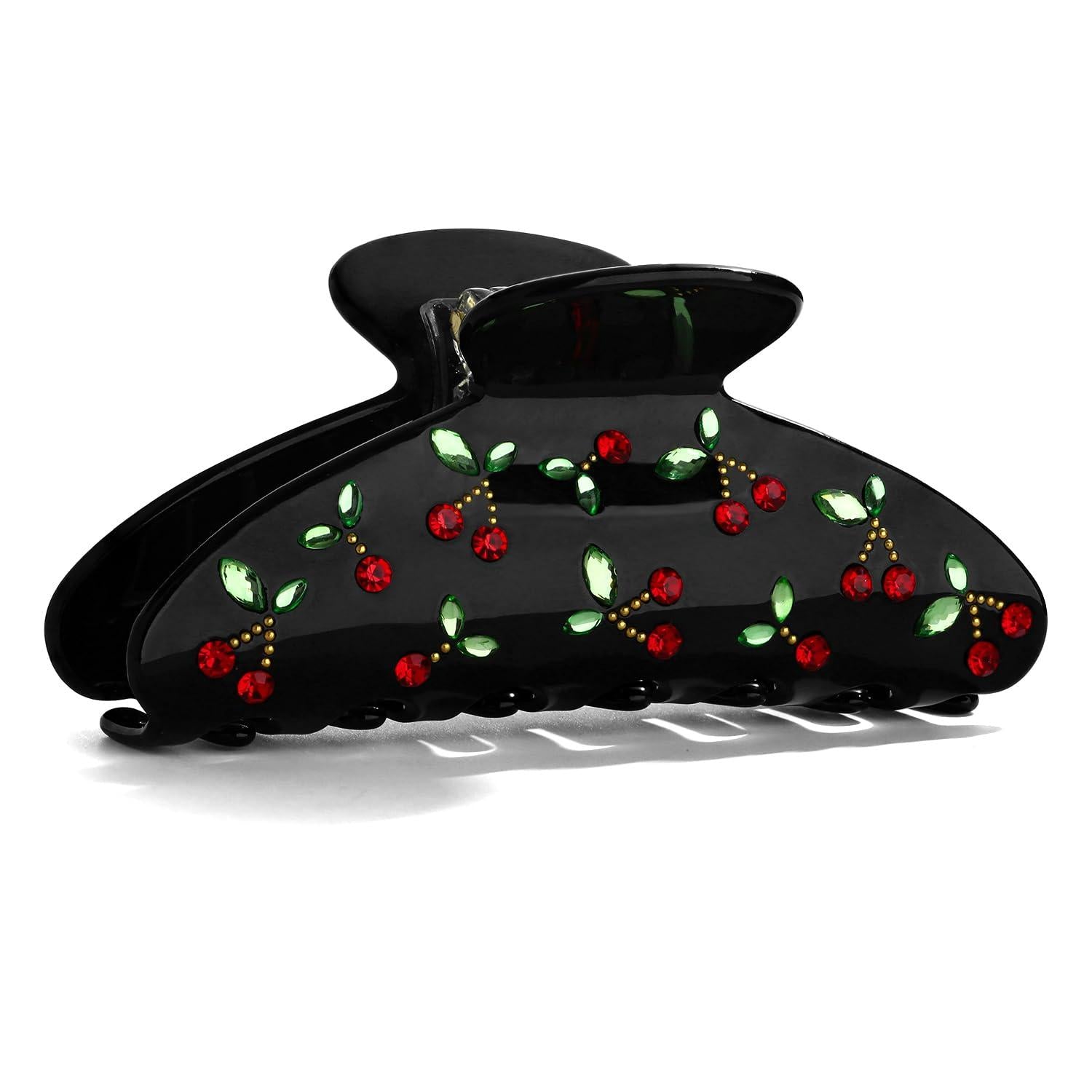 Schwarze Kirsch Haarklammer mit Strasssteinen und Blattmotiven