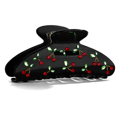 Schwarze Kirsch Haarklammer mit Strasssteinen und Blattmotiven