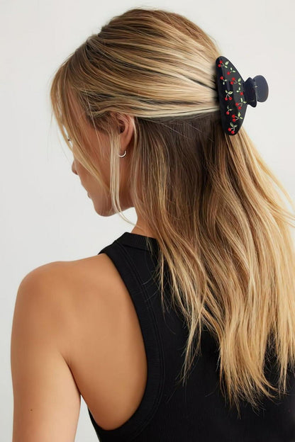 Schwarze Kirsch Haarklammer mit Strasssteinen und Blattmotiven