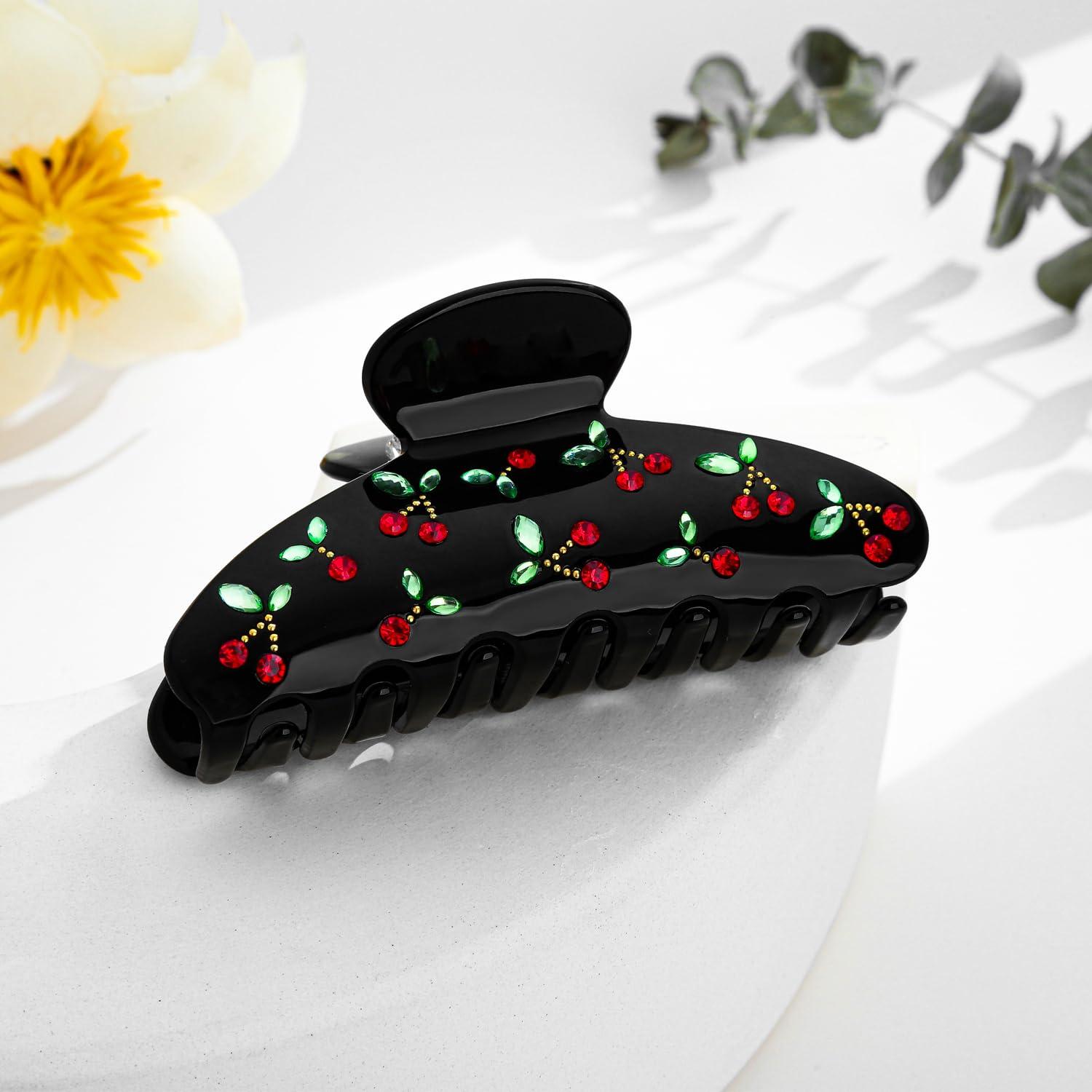 Schwarze Kirschdekor Haarklammer mit Strasssteinen für Damen