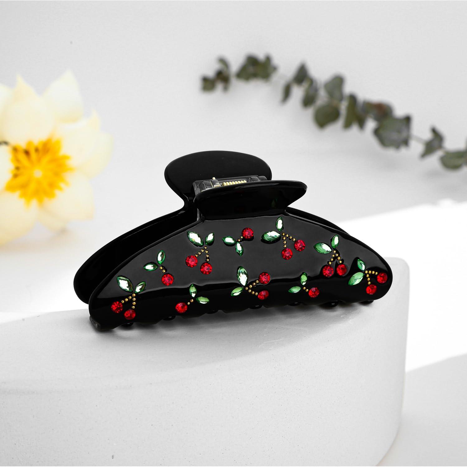 Elegante Schwarze Kirsch-Haarspange Acryl Strass Blattmotiv