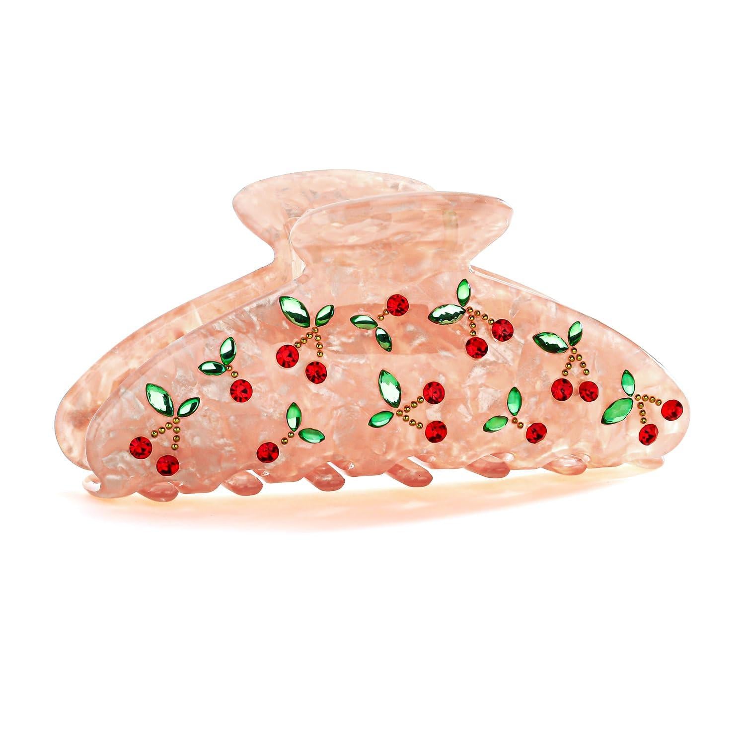 Rosa Kirsch Haarspange mit Strasssteinen und Blattmotiven