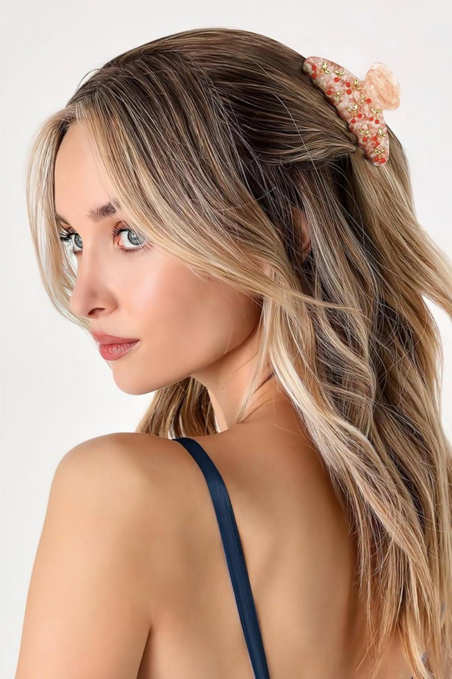 Haarklammer Rosa mit Kirsch-Dekor und Strasssteinen