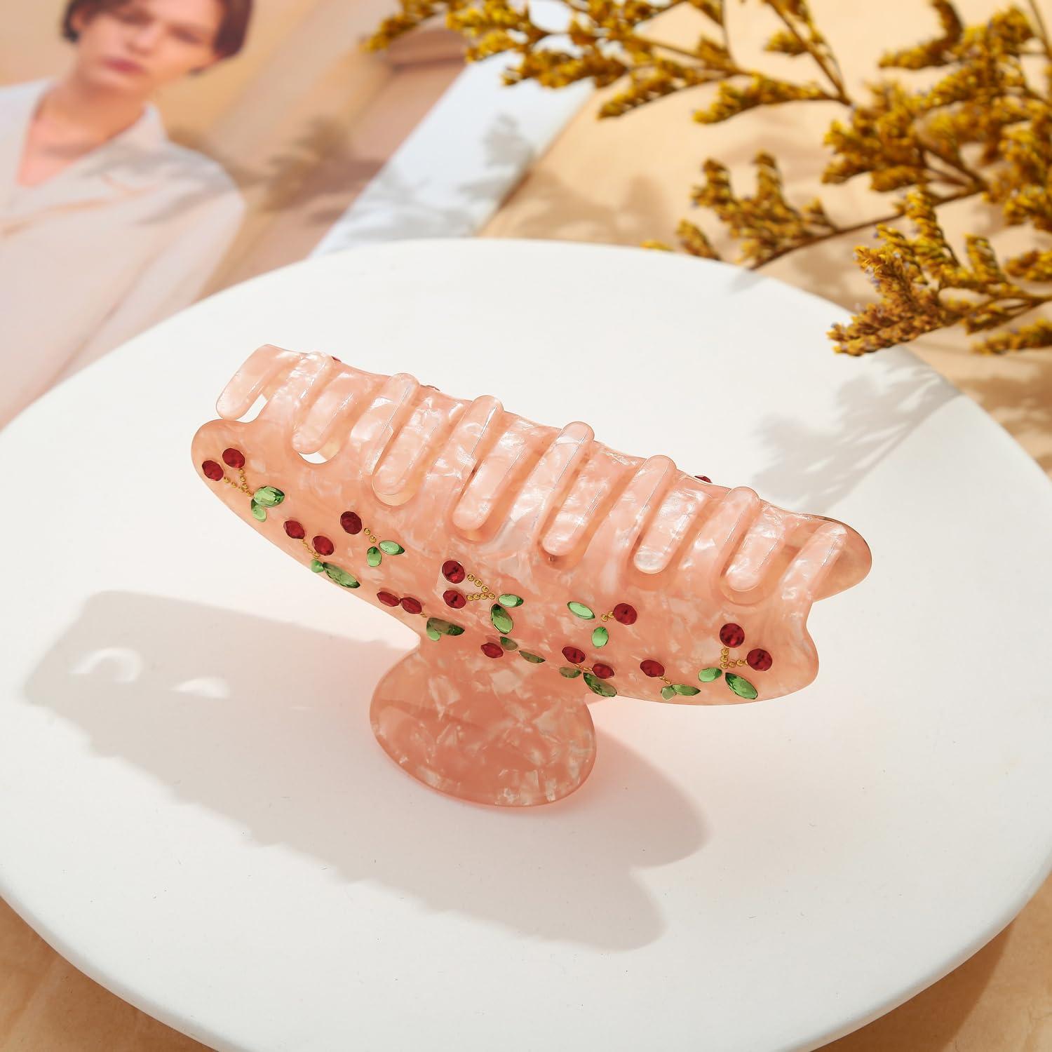 Haarklammer mit Kirsch-Dekor und Strasssteinen - Acryl Haarspange für Damen