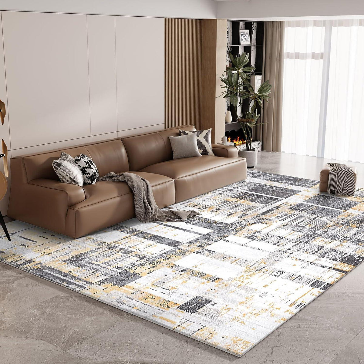 Modernes Gelb Grau Teppich 120x170 Flauschig Rutschfest Eingedickt