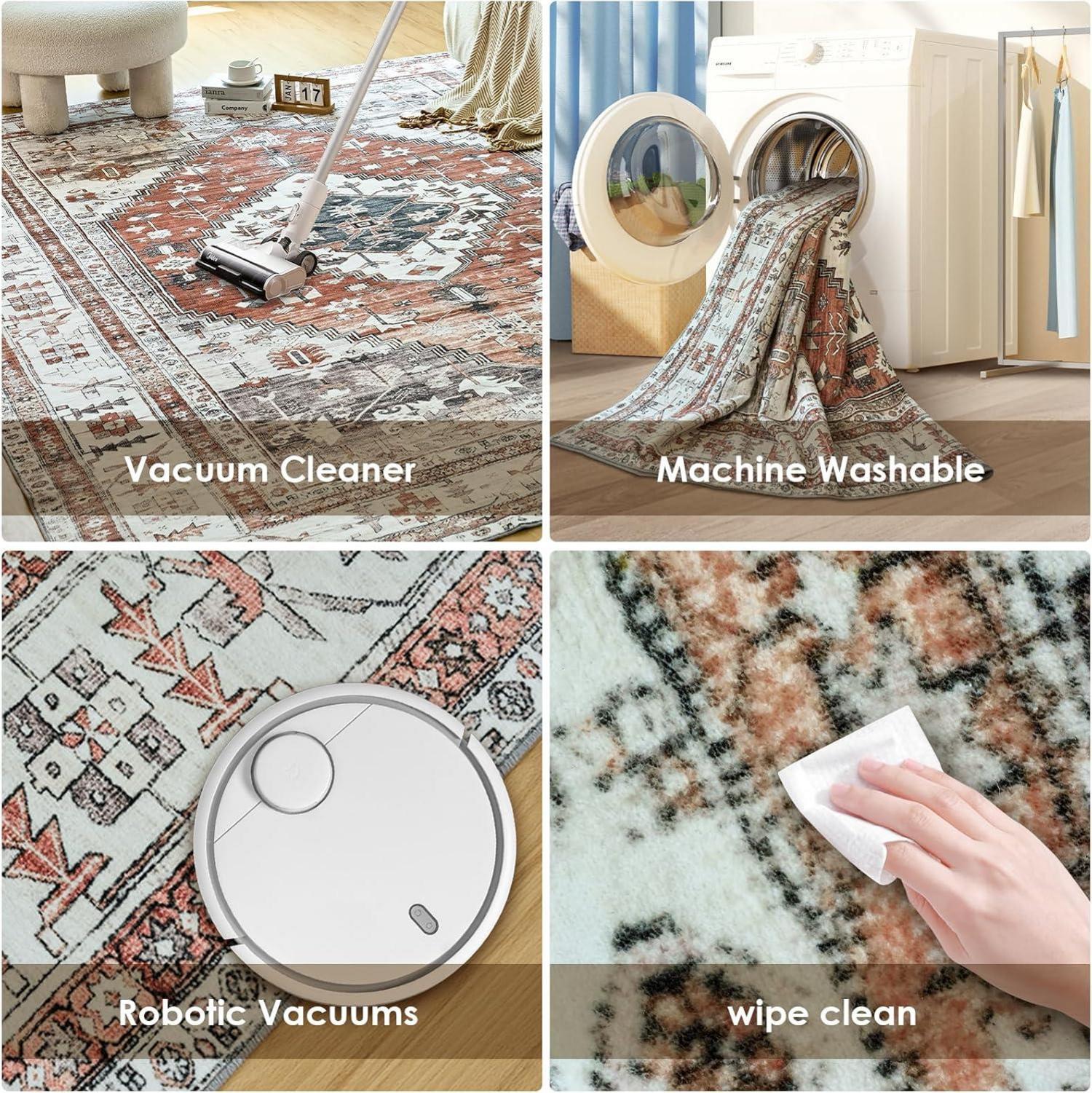 OMERAI Orientalischer Teppich Kurzflor 200x290cm Orange Waschbar
