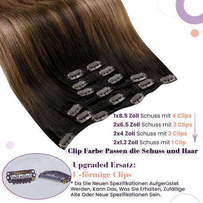 Echthaar Clip-in Extensions Balayage Ombre Mittelbraun Aschblond 45cm