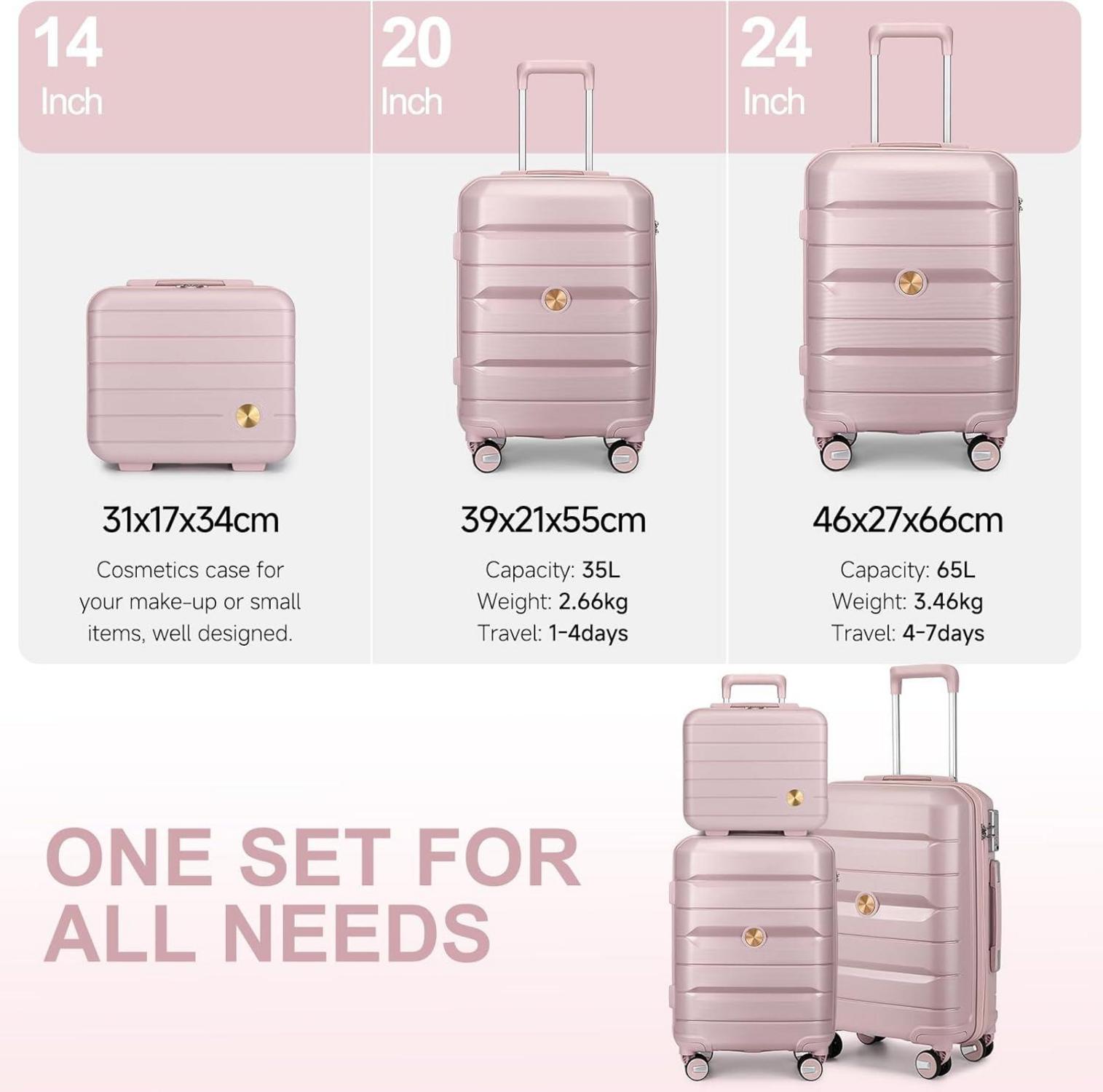 Hartschalen Kofferset 3tlg mit TSA Schloss, Beautycase, 4 Rollen - Rosa