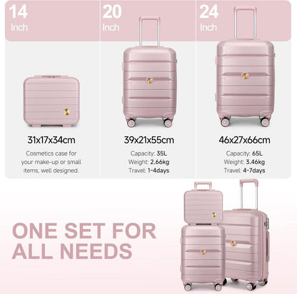Hartschalen Kofferset 3tlg mit TSA Schloss, Beautycase, 4 Rollen - Rosa