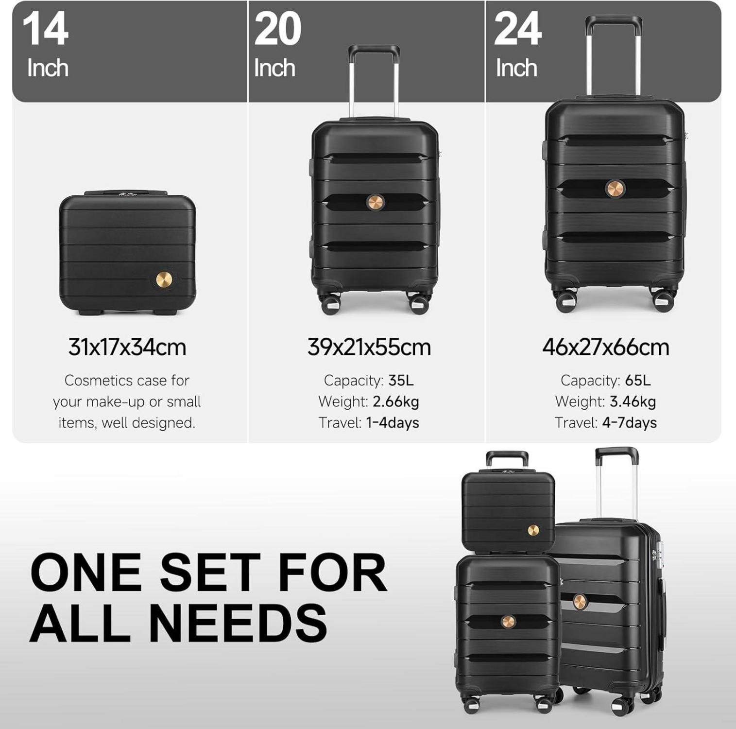 Sea Choice Kofferset 3-teilig Hartschalen Trolley mit TSA-Schloss 4 Rollen Schwarz