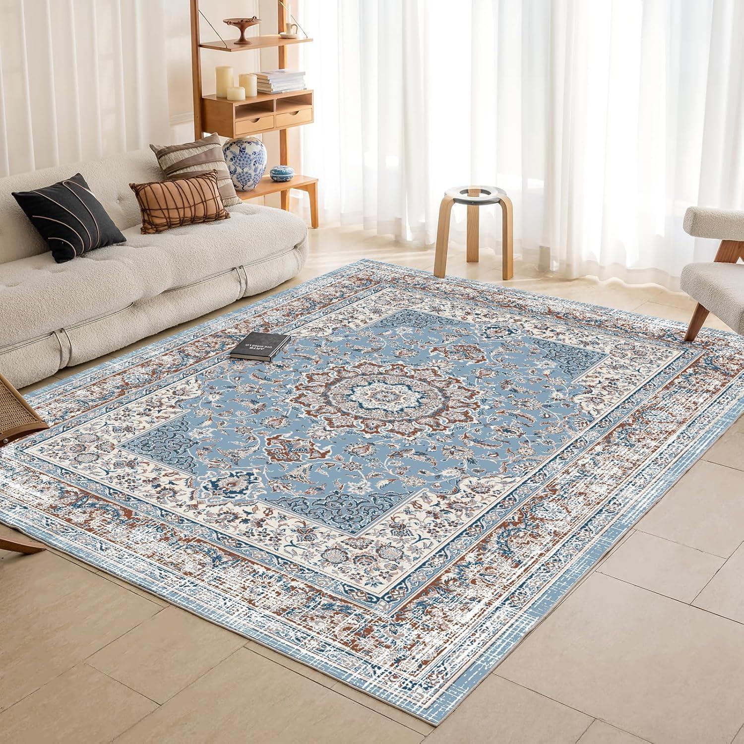 Teppich Groß Boho Blau Rutschfest Waschbar Vintage 200x290 cm