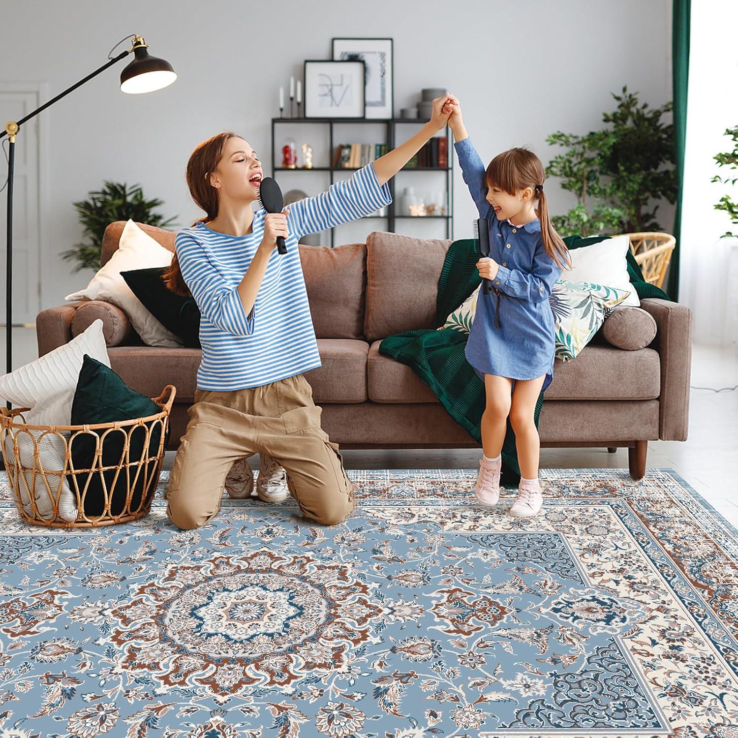 OMERAI Großer Vintage Teppich 200x290cm Blau Wohnzimmer